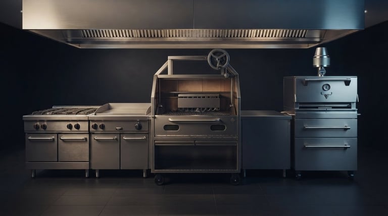 A lineup of stainless steel outdoor grills and cooking equipment arranged against a dark background under a ventilation hood