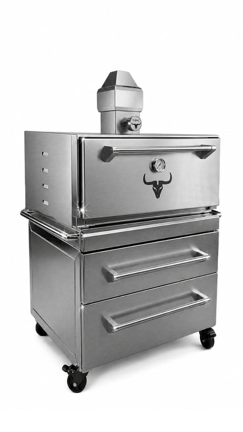 Stainless steel BBQ smoker with storage drawers, mounted on casters, featuring a bull horn logo