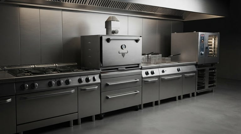 Professional stainless steel kitchen equipment including ovens, cooktops, and a refrigeration unit in a commercial kitchen setting