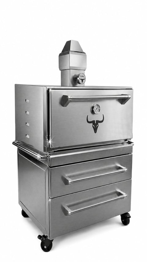 Stainless steel pellet grill smoker with storage drawers and bull skull emblem on white background