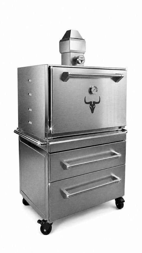 Stainless steel smoker with bull logo, featuring a rotisserie top, main cooking chamber, two storage drawers, and casters for mobility
