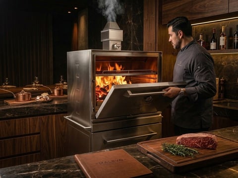 Man opening a wood-fired oven in a luxurious kitchen with raw meat and herbs on the counter