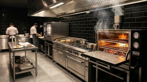 Professional kitchen with chefs working at stainless steel cooking stations, black subway tile walls, and commercial ovens with open flames