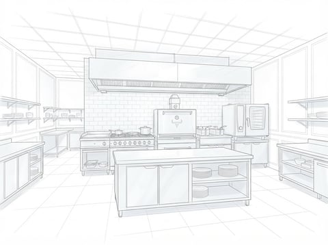 Architectural wireframe sketch of a modern kitchen interior with central island, stove, appliances, and cabinetry in linear perspective view