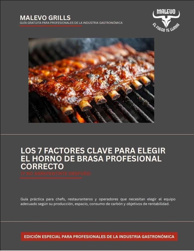Malevo Grills promotional image showing ribs cooking on a professional grill with flames, advertising a guide for choosing commercial barbecue equipment