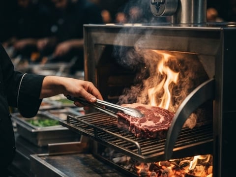 Person grilling a steak over an open flame in a metal outdoor grill with fire and smoke