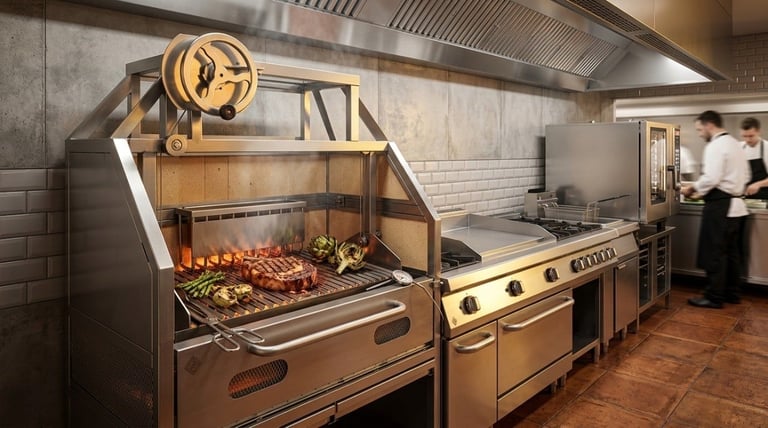 Commercial kitchen with wood-fired rotisserie displaying roasted meats and vegetables, alongside stainless steel cooking equipment and a chef working in background