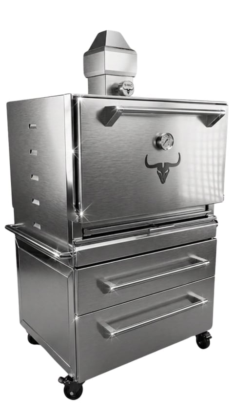 Stainless steel BBQ smoker grill with bull skull emblem, chimney top, and wheeled base with storage drawers