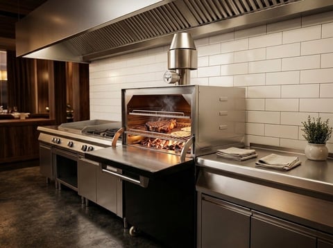 Professional kitchen with stainless steel wood-fired oven and grill, white subway tile backsplash, and dark cabinetry