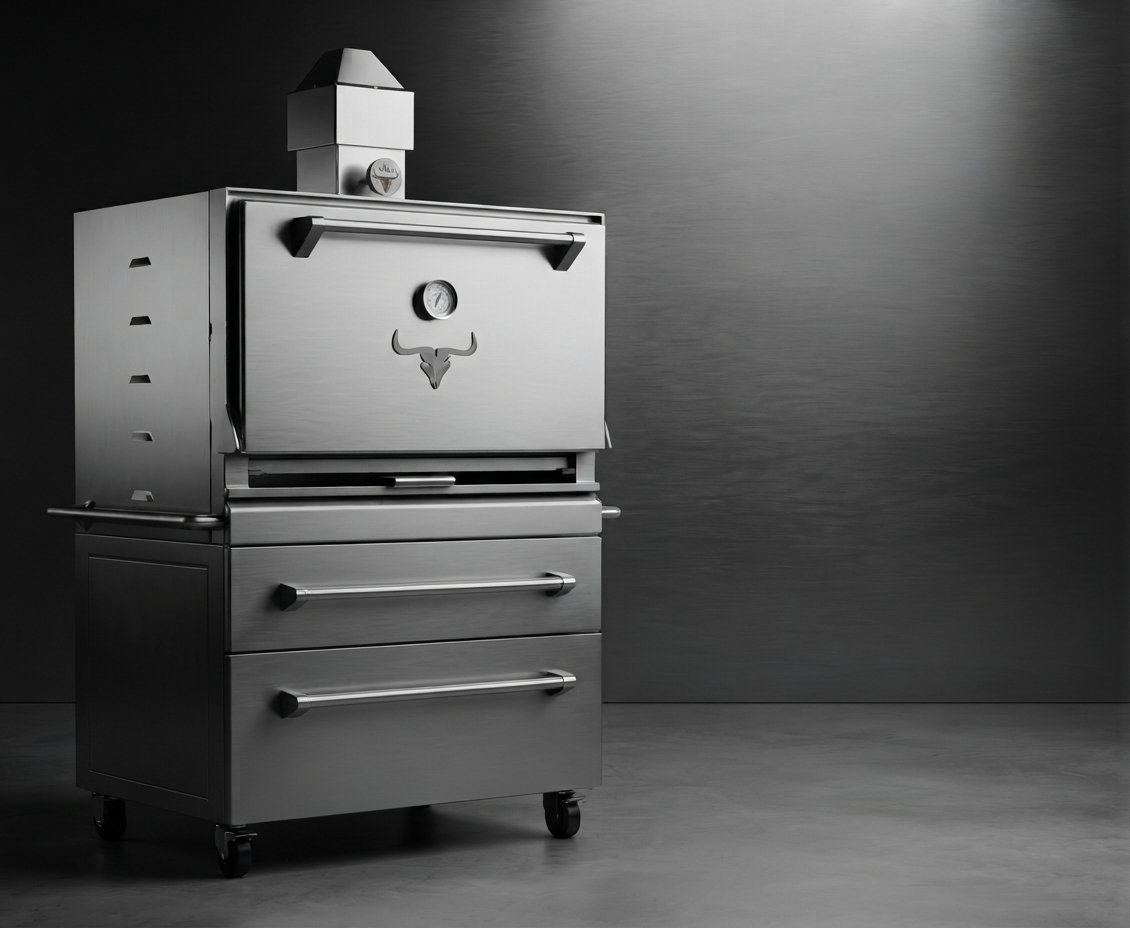 Stainless steel outdoor pizza oven with storage drawers and wheels, photographed against a dark background