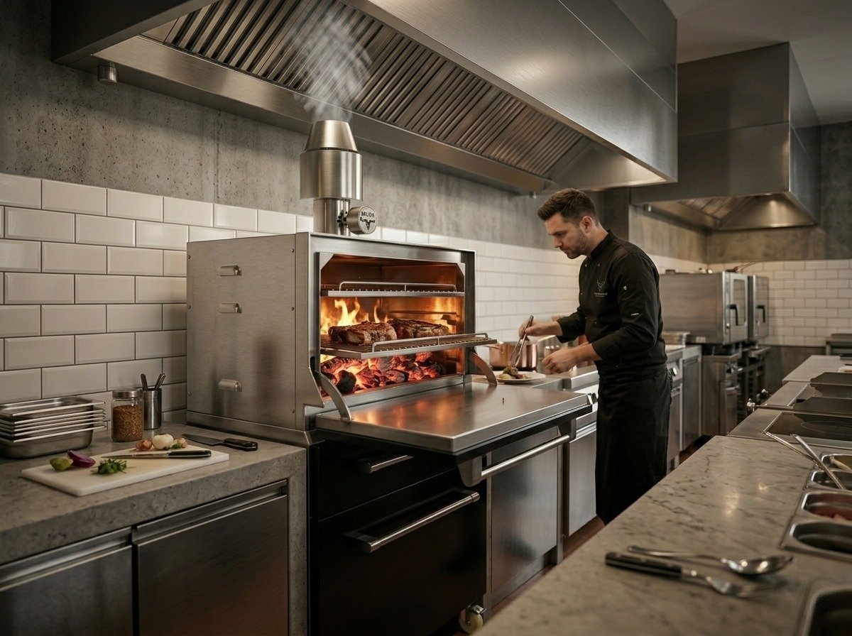 Chef in black uniform opening commercial oven with food inside a professional kitchen